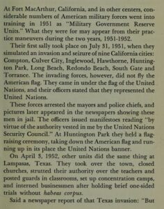 Auszug aus The United Nations: Planned Tyranny von Vervon Orval Watts über die Übungen der UN in amerikanischen Kleinstädten 1951-1952