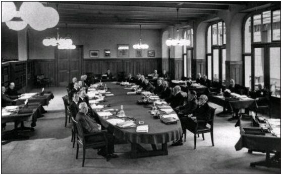 Die Sitzung des BIZ-Verwaltungsrats im Mai 1935. Zu den Anwesenden gehörten Montagu Norman, Hjalmar Schacht und Kurt Freiherr von Schröder, ein mächtiger Nazi-Privatbankier